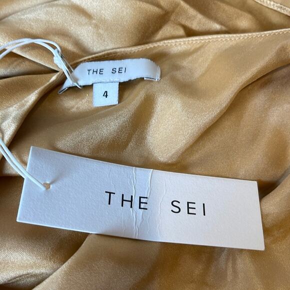 The Sei Asymmetrical Ruched Draped One Shoulder Silk Gold Maxi Dress Size 4 - Picture 8 of 9
